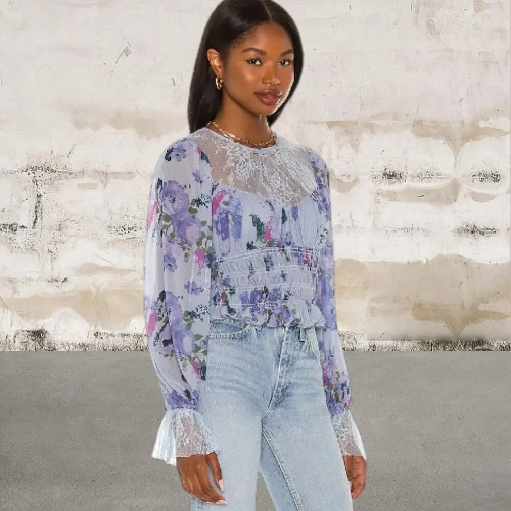 Free People $128 Daphne Blouse in Silver Blue Combo Size Large
